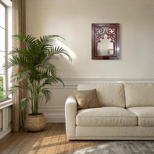 Image of Antique Black Hand Carved Wooden Jharokha Wall Mirror Frame for Home & Bedroom Decor - Traditional Arch Design (12x9 Inch) (Brown)