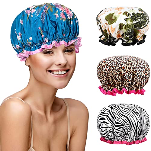 Lofekea Waterproof Shower Cap, 4 Pack Shower Caps For Women, Elastic Reusable Bath Hair Cap For Shower, Adjustable Double Layered Waterproof Bathing Shower Hat #TOP4