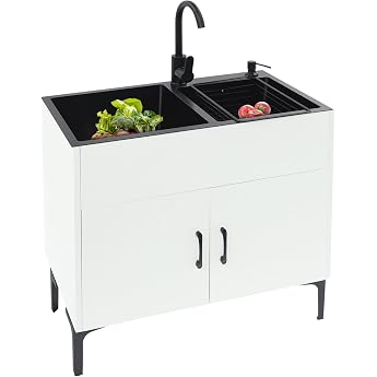 Freestanding Kitchen Sink with Base Cabinet and Tap Stainless Steel Sink with 2 Basins Draining Board and Drain Unit for Kitchen Garden Workshop Laundry Room Camping White