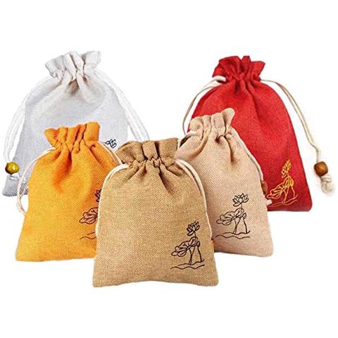 15 pieces of 3.9 inches x 5.5 inches mixed lining drawstring linen gift bags lotus pattern jewelry bags can be used for DIY crafts wedding supplies candy bags and party supplies (red) Cover