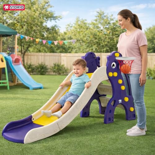 Image of Storio Big Slide for Kids with Basketball Hoop | Large Indoor Outdoor Toddler Climber Playset for 2+ Years | Safe & Sturdy Plastic Garden Slide Toy for Boys & Girls - Purple