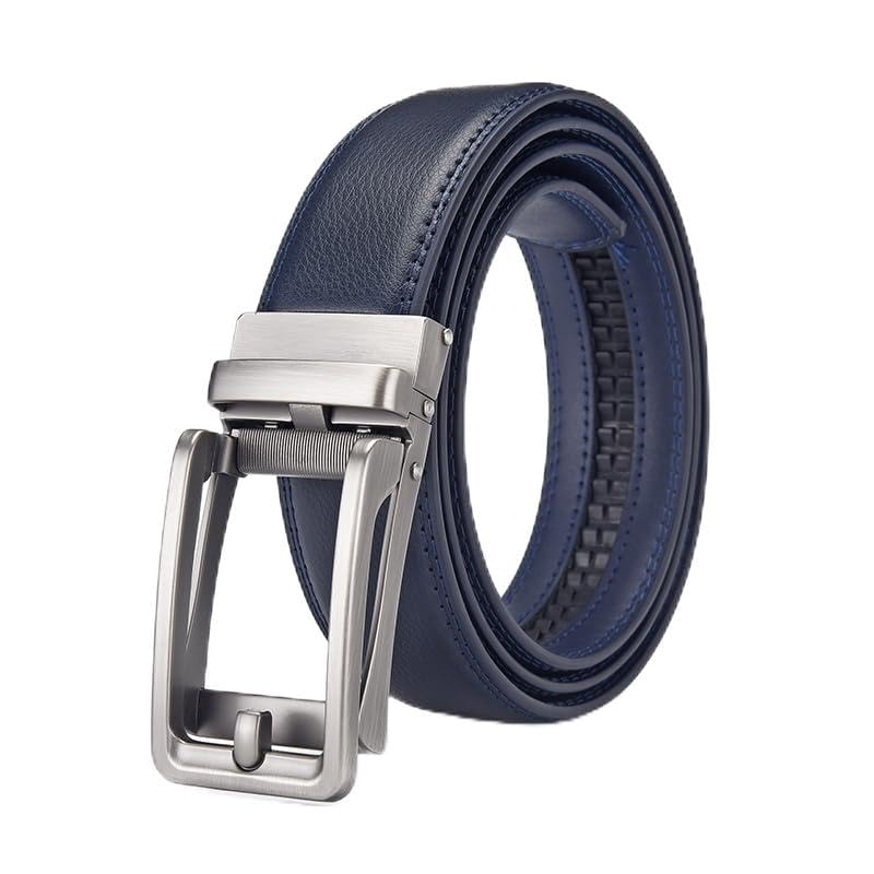 BLack Mens Ratchet Belt Leather Dress Casual - Auto Adjustable Click Buckle 1.3/8inch (35mm) for Men, Trim to Fit + Gift Box (BLUE)