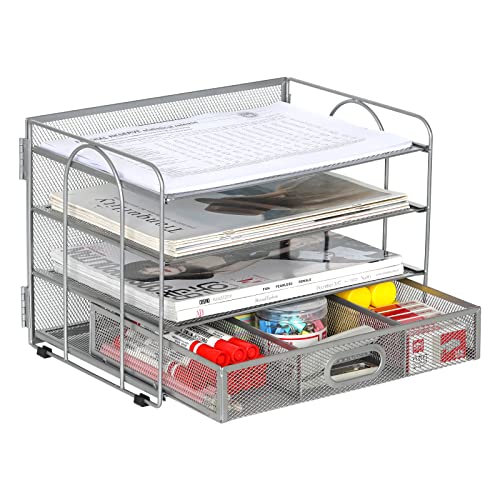 EasyPAG 4 Tier Desktop A4 Mesh in Tray Office Desk Tidy File Holder Paper Organiser Magazine Storage Shelf Filing Rack with Stationery Drawer,Silver