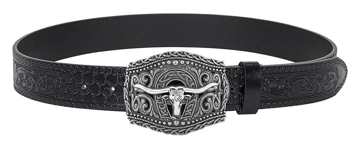 Image of UTOWO Western PU-Leather Cowboy Buckle Belt for Men and Women Jeans Engraved Floral Longhorn Bull Buckle Belt (25-38 inch waist)