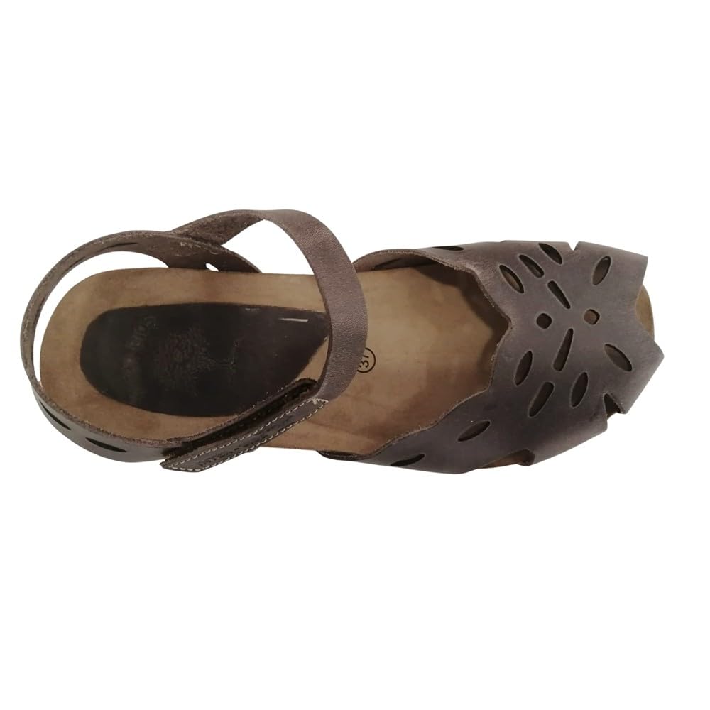 5392 PIEL MARRON INTERBIOS: sandalia mujer en piel, cuña 3,5 cm, cierre de gancho y bucle ajustable, planta anatómica y suela de caucho. Comodidad desde el primer uso.