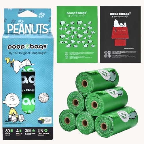 Image of The Original Poop Bags 38% USDA Biobased Pet Waste Bags, Peanuts Design, Leak-Resistant & Durable Leash Rolls, Black /Green, 60 Count