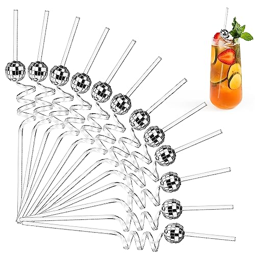 Esteopt 12Pcs Mirror Disco Ball Decorative Party Straws - Disco Theme Cocktail Straws for Wedding Birthday Party Decorations (Silver)