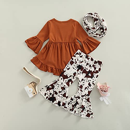 Toddler Baby Girls 3Pcs Outfits Long Pullover Ruffle Dress Shirt+Leopard Flared Pants+Scarf Fall Winter Clothes (Brown , 3-4T ) #TOP6