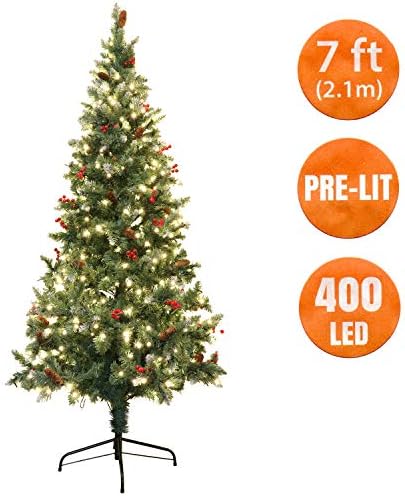 ANSIO Christmas Tree Xmas Tree Pre Lit 400 LED 7ft/2.1M Artificial Christmas Tree with Berries, Pine Cones,961 Virgin Fire Retardant PVC Tips and Metal Stand