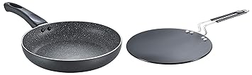 Prestige Hard Anodised Plus Cookware Induction Base Roti Tawa, 225mm, Black & Omega Deluxe Aluminium Granite Fry Pan, 200mm (Omelette Pan), Black Combo