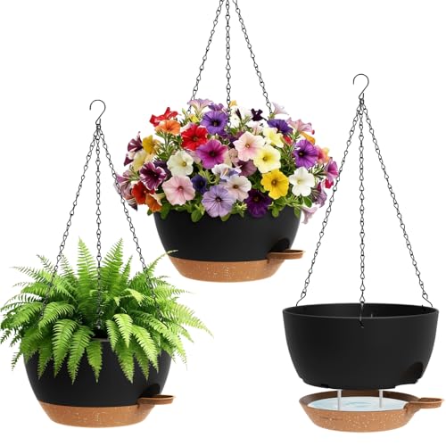 UOUZ Set of 3-10 Inch Self Watering Hanging Planters for Indoor OutdoorHanging Plant Pots with Drainage & Removable Tray Hanging Pots Holder for Ivy Pothos Ferns Balcony & Patio Black with Brown