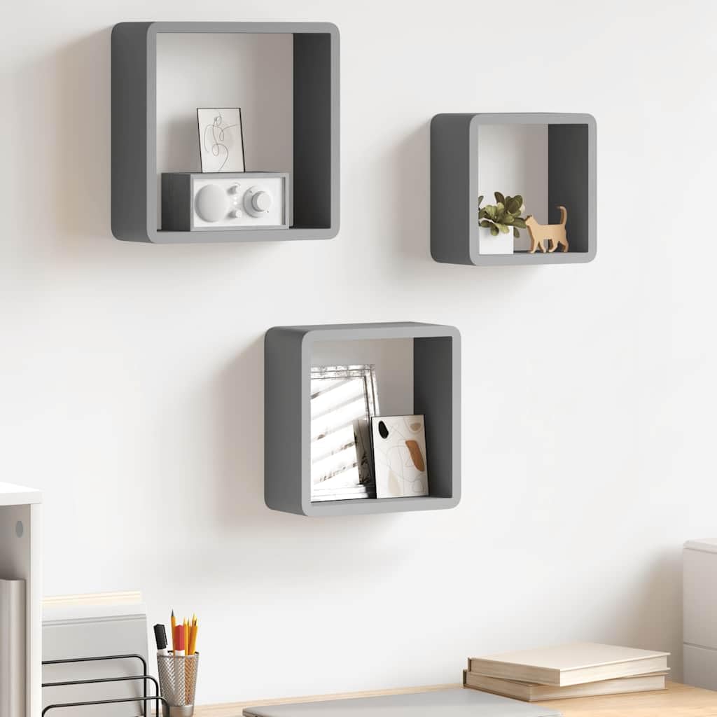 Set di 3 mensole a cubo grigie in MDF, mensole sospese da parete con fissaggio invisibile, per decorazioni, libri e oggetti da collezione, 28/24/20 cm