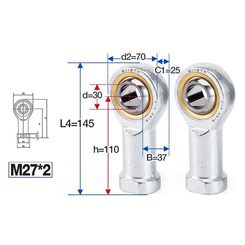 1PC Rod End Joint Bearings SI10-1T/K/SI12-1T/K/SI14-1T/K/SI16-1T/K/SI30-1T/K Fine Pitch Spherical Plain Bearing Engine Parts(SI30-1T/K M27x2.0)