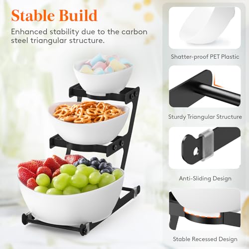 Lifewit 3 Tier Plastic Serving Bowls with Metal Stand, Chips and Dip Serving Tray Set for Entertaining Party, Crack-Proof Serving Platters for Fruit/Salad/Snack/Dessert Appetizer/Candy, Black - Image 5