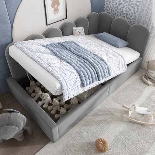 Wyibwy Canapé-lit rembourré 90x200cm, lit coffre hydraulique, avec sommier à lattes métalliques, velours, gris, sans matelas
