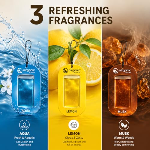 Image of AIRGANIC Aroma Gel Hanging Car Air Freshener Pack of 3 | Fresh Aqua, Musky & Citric Lemon | Long-Lasting Car Perfume | Membrane Gel Freshener | Up to 30 Days Freshness | 22.5ml | Car accessories 2026