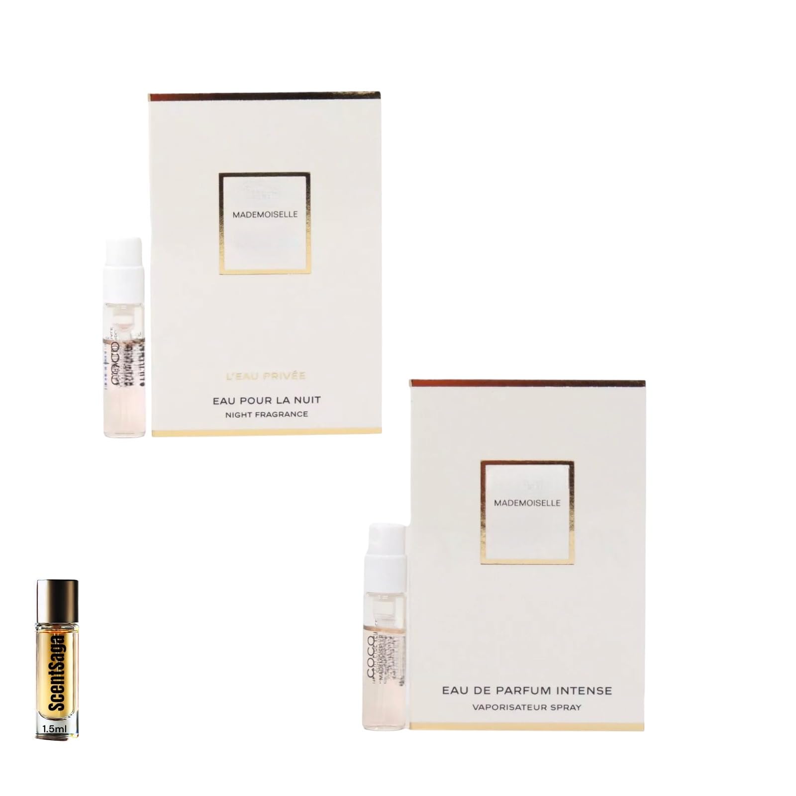 Set 2 Cologne for Women Sample Spray Vial 0.05fl.oz./1.5ml each Mademoiselle EDP Intense Day time. Mademoiselle L'eau Prevee Night time Fragnace. Your pruchase includes a sample from ScentSaga