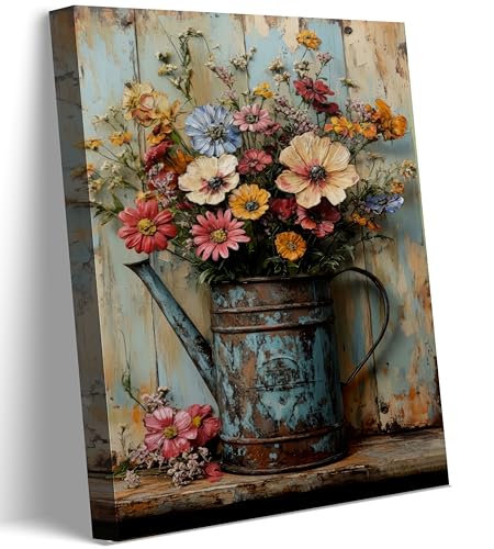Rustic Farmhouse Daisy Canvas Wall Art,Vintage Watering Poster Print Artwork,Country Floral Painting Picture Wall Decor, for Bathroom Bedroom Living Room Home Decoration,12x16 inches