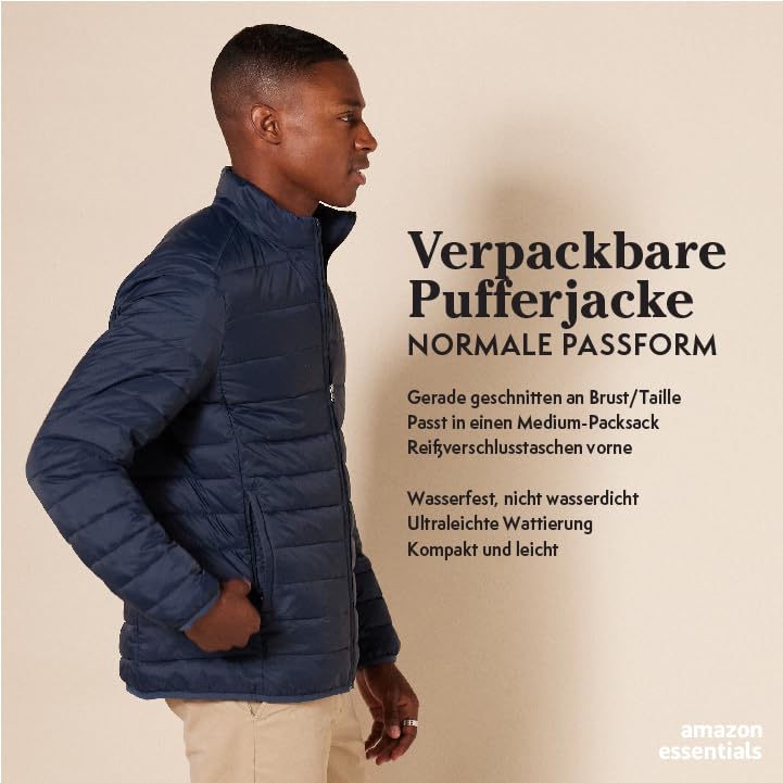 Amazon Essentials Herren Verstaubare, Leichte, Wasserabweisende Pufferjacke (Erhältlich In Big & Tall), Schwarz, L