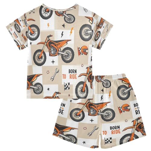 Pajama Sets Short Sleeve Motorcycle Pattern Print Design Soft Cotton Summer Sleepwear 2 Piece PJS Size 5-14T2