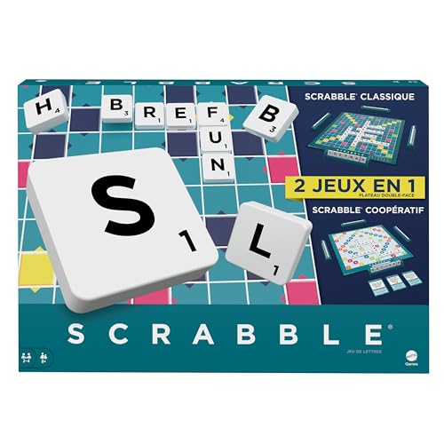Mattel Games Scrabble 2 en 1 en castellano, juegos de mesa familiar con tablero con 2 caras y tarjetas de objetivos (versión clásica y Together cooperativa) +8 años (HWD44)