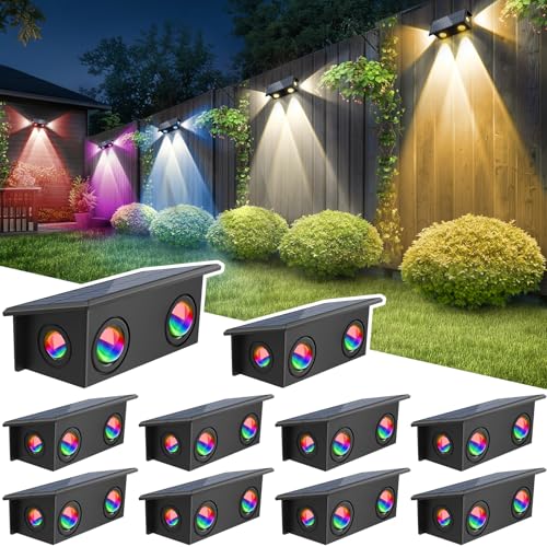 T-SUN Solar Fence Lights Outdoor, Waterproof 8 Mode RGB & Warm White Fence Solar Lights Outdoor, Dusk to Dawn Solar Powered Wall Lights for Backyard Patio Step Deck Railing Pool,10 Pack