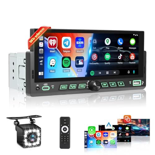 Roinvou Radio Coche 1 DIN con Carplay Inalámbrico Android Auto con Pantalla Táctil de 6.86 Pulgadas, Autorradio Pantalla Táctil Bluetooth con Mirror Link/FM/USB/Tipo-C/EQ/UI Cámara Trasera