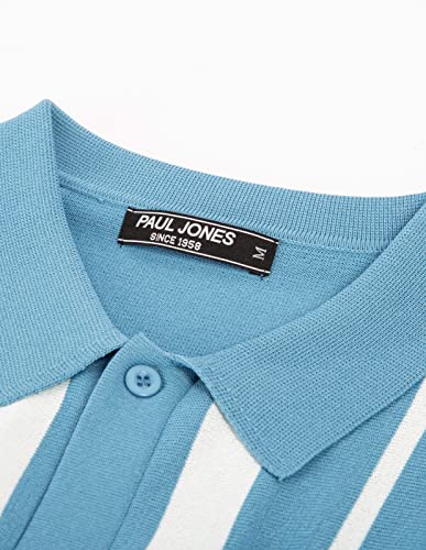 Mens Knit Polo Shirt 1960S Vintage Striped Open Front Knitted T-Shirts Moisture Wicking For Men Summer Blue M #TOP3