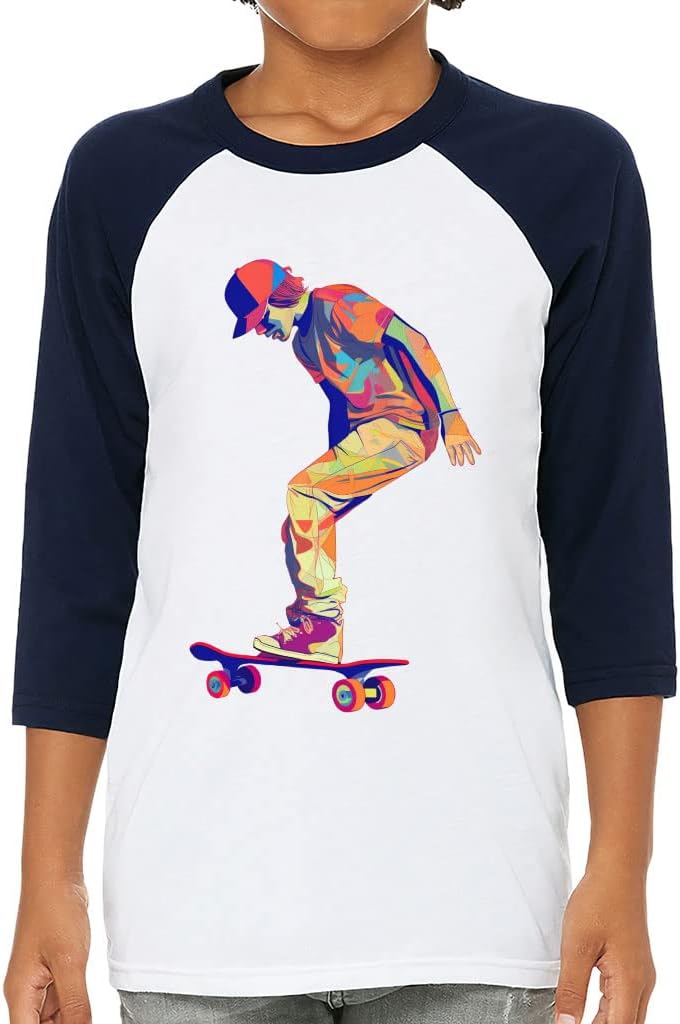 Skateboarding Print Kids' Baseball T-Shirt - Themed 3/4 Sleeve T-Shirt - Graphic Art Baseball Tee