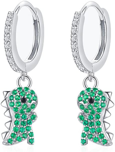 Cute Dinosaur Dangle Hoop Earrings S925 Sterling Silver Green Cubic Zirconia Crystal Lovely Animal Dangling Charm Drop Huggie Hoops Studs Earring Dainty Jewelry Gifts for Women Girls Daughter (Silver)