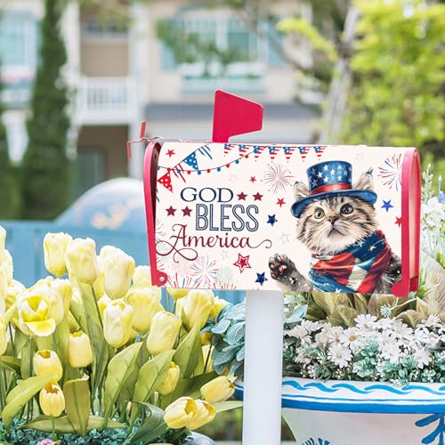 Image of 4th of July Cat Mailbox Cover Magnetic Large Size God Bess America Flag Stars Patriotic Firework Mailbox Wrap Letter Post Cover 25.5x21 Inch for Garden Yard Outside Outdoor Decor