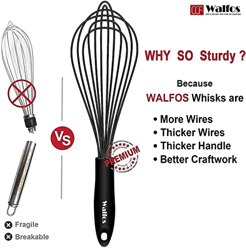 Image of Walfos Whisk Silicone Whisks set, Non Scatch Coated Whisks for Cooking and Baking, Heavy Duty Set of 4 Kitchen Whisk - 11'' Flat Wisk and 7''+10''+12'' Balloon.