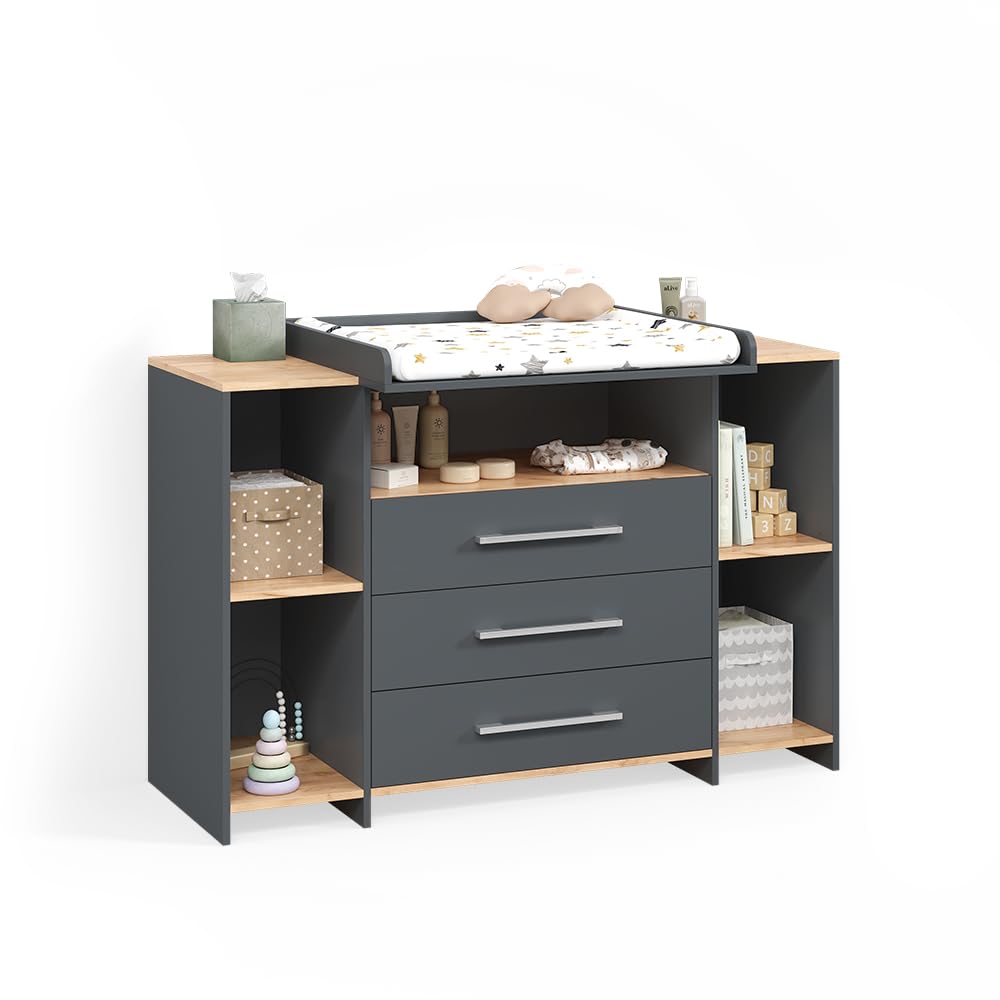 Livinity Commode à Langer Torino, Anthracite/chêne doré, avec 3 tiroirs