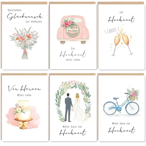 Ozagkad 6er Set Hochzeitskarte, Glückwunschkarte Hochzeit mit Umschläge, Alles Gute zur Hochzeit,...