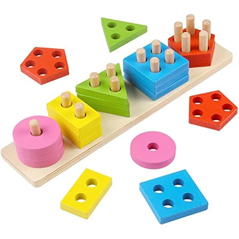 Lewo Wooden Shape Sorter Puzzle Toy Stacking Blocks Stacker Toy Geometric Sorting Board Educational Toys for Kids Toddler 1 2 3 Years Old Boys Girls Cover