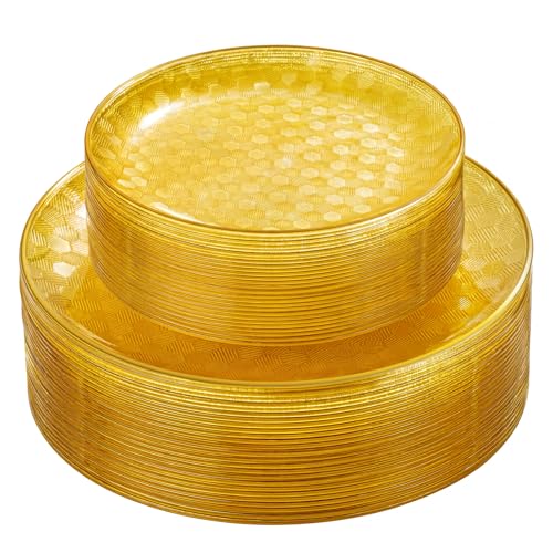 Festiva 60PCS Clear Yellow Gold Plastic Plates - Heavy Duty Fancy Disposable Plates With Gold Rim -serve for 30 guests Include 30PCS 10.25 & 30PCS 7.5 Honeycomb Design Plates for Party(Yellow)