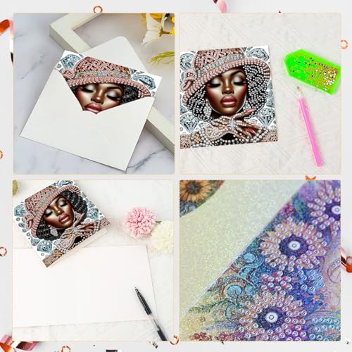 Image of 6 Pcs 5D Rhinestone Painting Greeting Cards Kits, Handmade Festival Greeting Cards with Envelopes Laser Effect DIY Diamond Art Crafts Birthday Cards for Birthdays Celebrations (Elegant African)