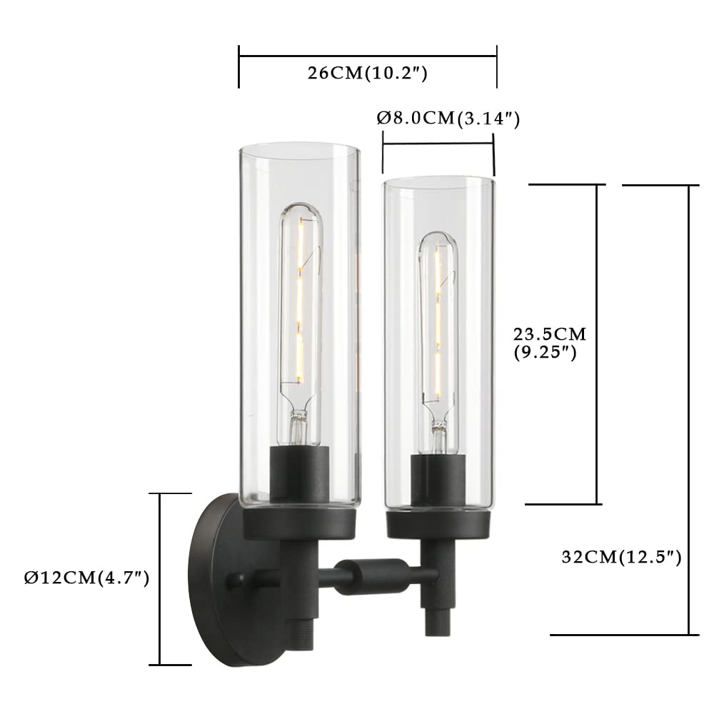 Phansthy Rustic Industrial Wall Sconce Light with Tubular Clear Glass Lampshade (Double Sconce)