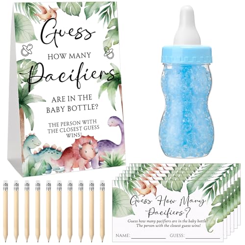 Image of Roowest 512 Pcs Baby Shower Games Guess How Many Pacifiers Sign 100 Small Guessing Games 10 HB Pencils 750ml Milk Bottle 400 Acrylic Pacifiers Decoration for Guest Gender Reveal(Cute,Dinosaur)