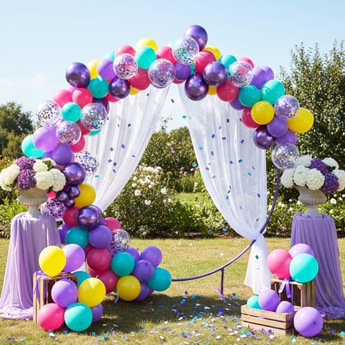 Image of RUBFAC Pink and Purple Balloon Bithday Balloons, 65pcs 12 Inches Purple Metallic Teal Yellow Confetti Party Balloons for Magic Hunters Theme Birthday Baby Shower Decoration