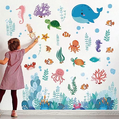 Tanlaby Under The Sea Wall Decal Ocean Fish Creatures Wall Stickers Dolphin Turtle Ocean Grass Wall Art Sticker for Kids Baby Nursery Bedroom Playroom Bathroom Wall Decor - Image 2