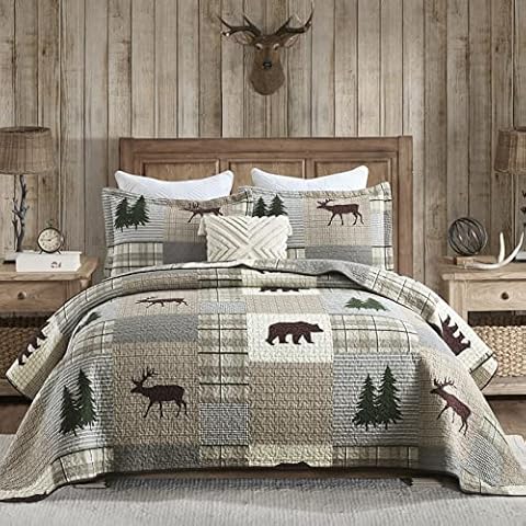 Quilt Queen Size - Farmhouse Plaid Queen Quilt Sets, 100% Cotton Dark Green Trees Brown Bear Deer Patchwork Reversible Bedspreads, Lightweight Bedding Set with 2 Pillow Shams Cover