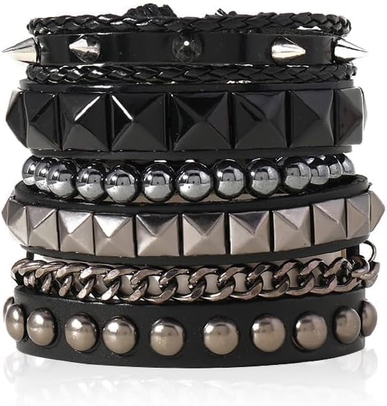 TTPSRY 4 Piezas Pulseras Hombre Cuero Punk Tachuelas Metálicas Brazalete Gótico Cadena Ajustable Conjunto Masculino