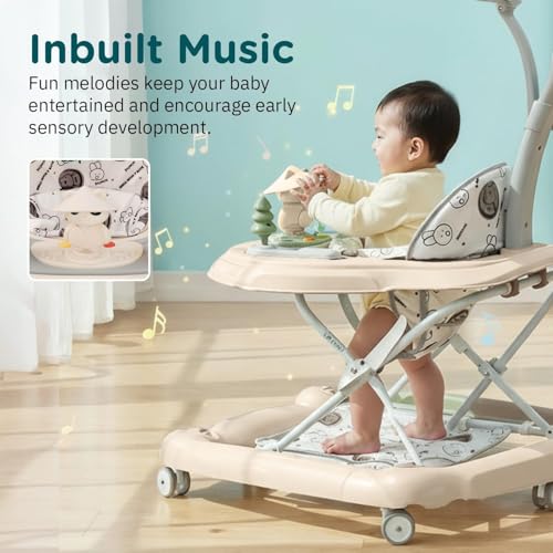 Image of Baybee 3-in-1 Baby Walker for Kids 6 to 18 Months with Rocker Mode, Removable Toy Bar, Adjustable Height, Inbuilt Music, Sunshade & Smooth 360 Wheels | Easy Folding Walker for Boys & Girls (Beige)