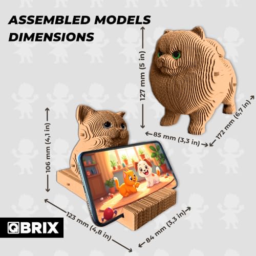 Image of QBRIX 3D Puzzles for Adults Pomeranian Pen Holder and Cat Phone Stand, 3D Puzzles for Adults, 3D Model Kit for Teens, DIY Crafts for Home Decor, Original Gift, Cardboard Model Building Kit