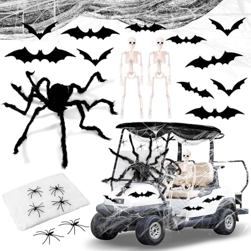 XEQWZVFR 66 Pcs Halloween Spider Decoration Set Halloween Golf Cart Decoration Kit Outdoor & Indoor Decor Spider Web & Giant Spider Skeleton Bat Creepy Graveyard Decorations Haunted House Props