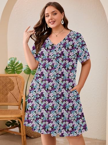 Image of AusLook Plus Size Midi Dress for Women Loose V Neck Short Sleeve Summer Casual A Line T Shirt Sundresses with Pockets 1X-5X