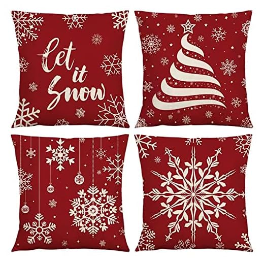 HOMMES Christmas Throw Pillow Covers 18 x 18 Inch Set of 4 Holiday Decorations Winter Decorative Cotton Linen Fabric Pillowcase for Christmas Home Sofa Couch Décor