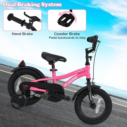 Image of Olakids Kids Bike, 12 14 16 18 Inch Toddlers Bike with Training Wheels Safety Bell Adjustable Seat and Handlebar, Handbrake and Coaster Brake, Children's Bicycle for Boys Girls