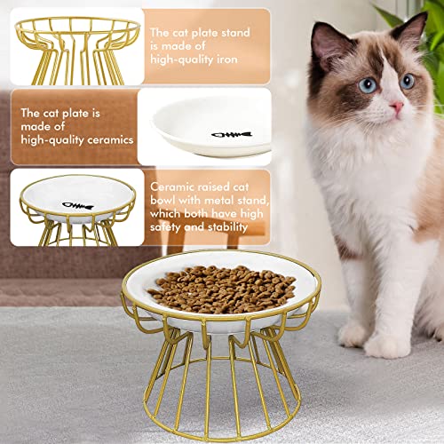 Whisker-Friendly Anti-Vomit Cat Plate,Cat Bowl-Raised Cat Food Bowl,Elevated Cat Feeder Bowl With Metal Stand,Ceramic Shallow Cat Dish,Anti Vomiting Cat Bowls (Gold Base With Fishbone Plate) #TOP2